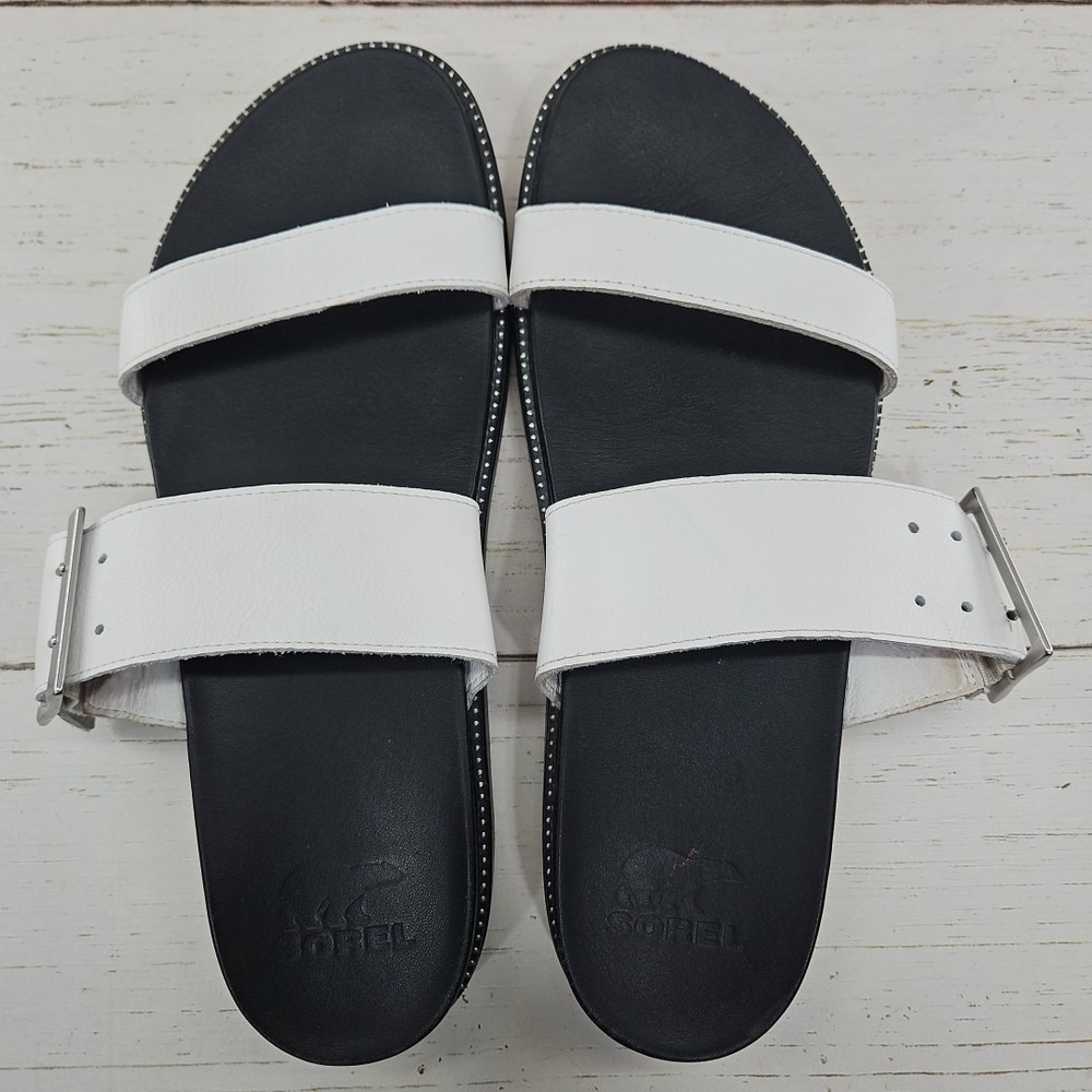 Sorel Roaming Buckle Womens 10 White Leather Two Strap Slide Slip On Sandal - Picture 7 of 9